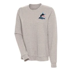 Women's Miami Marlins Antigua Oatmeal Action Crewneck Pullover Sweatshirt