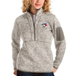 Women's Toronto Blue Jays Antigua Oatmeal Fortune Quarter-Zip Pullover Jacket
