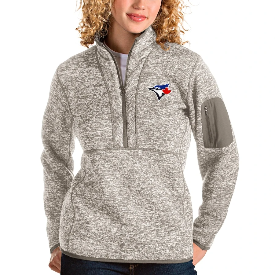 Women's Toronto Blue Jays Antigua Oatmeal Fortune Quarter-Zip Pullover Jacket 3 Women's Toronto Blue Jays Antigua Oatmeal Fortune Quarter-Zip Pullover Jacket