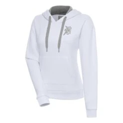 Women's Detroit Tigers Antigua White Brushed Metallic Victory Pullover Hoodie