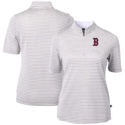 Women's Boston Red Sox Cutter & Buck Gray Virtue Eco Pique Stripe Top