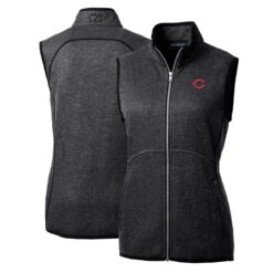Women's Cincinnati Reds Cutter & Buck Heathered Charcoal Mainsail Sweater-Knit Full-Zip Vest