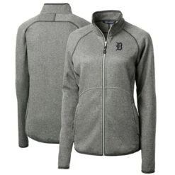 Women's Detroit Tigers Cutter & Buck Heathered Gray Mainsail Sweater-Knit Full-Zip Jacket