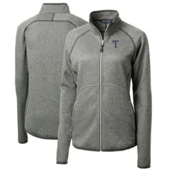 Women's Texas Rangers Cutter & Buck Heathered Gray Mainsail Sweater-Knit Full-Zip Jacket