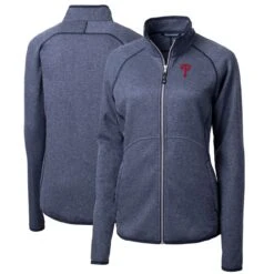 Women's Philadelphia Phillies Cutter & Buck Heathered Navy Mainsail Sweater-Knit Full-Zip Jacket