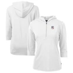 Women's New York Yankees Cutter & Buck White Americana Logo DryTec Virtue Eco Pique Recycled Half-Zip Pullover Hoodie