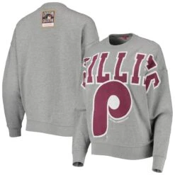 Women's Philadelphia Phillies Mitchell & Ness Heathered Gray Cooperstown Collection Logo Lightweight Pullover Sweatshirt