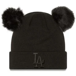 Women's Los Angeles Dodgers New Era Black Space Bun Cuffed Knit Hat With Double Pom
