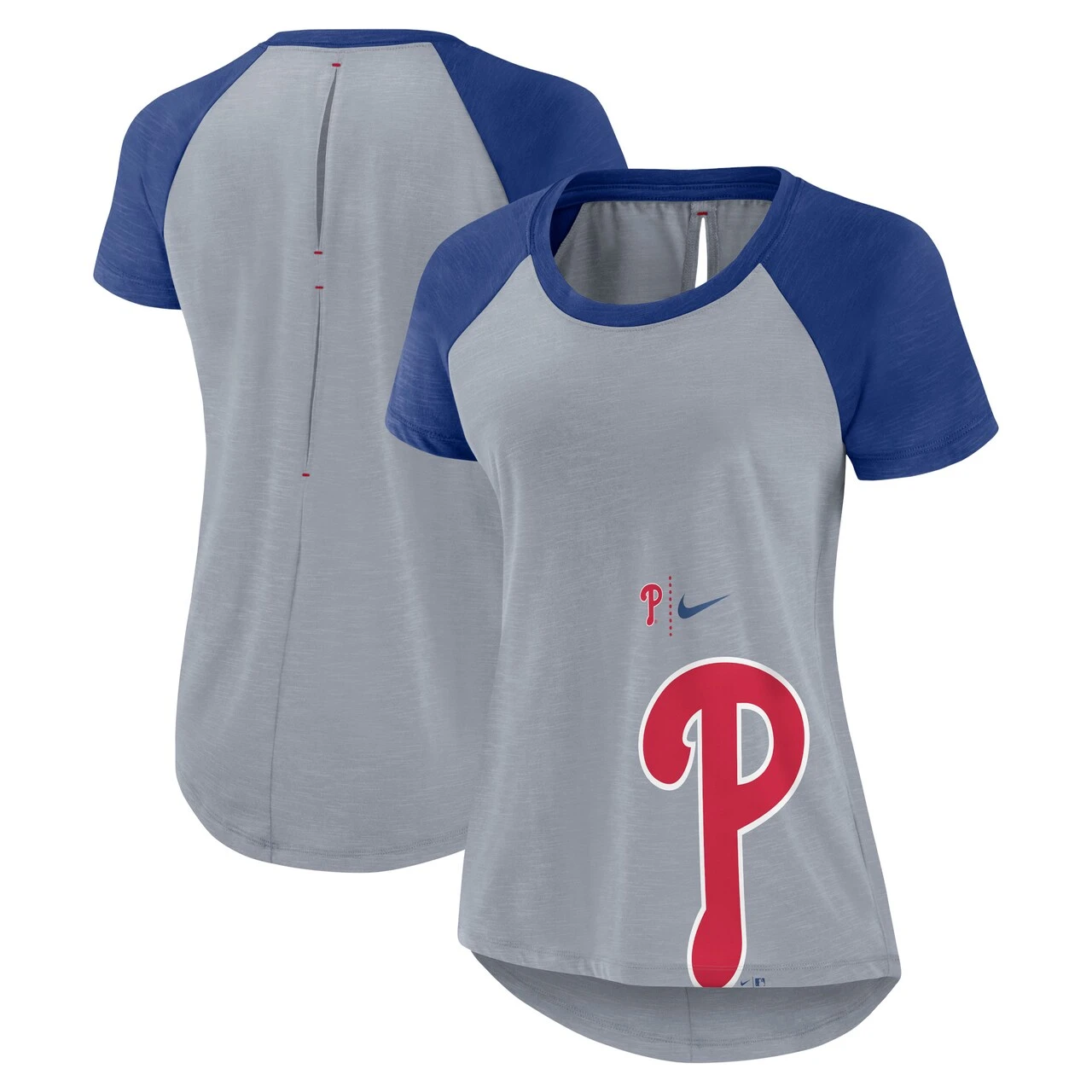 Women's Philadelphia Phillies Nike Heather Gray Summer Breeze Raglan Fashion T-Shirt 3 Women's Philadelphia Phillies Nike Heather Gray Summer Breeze Raglan Fashion T-Shirt