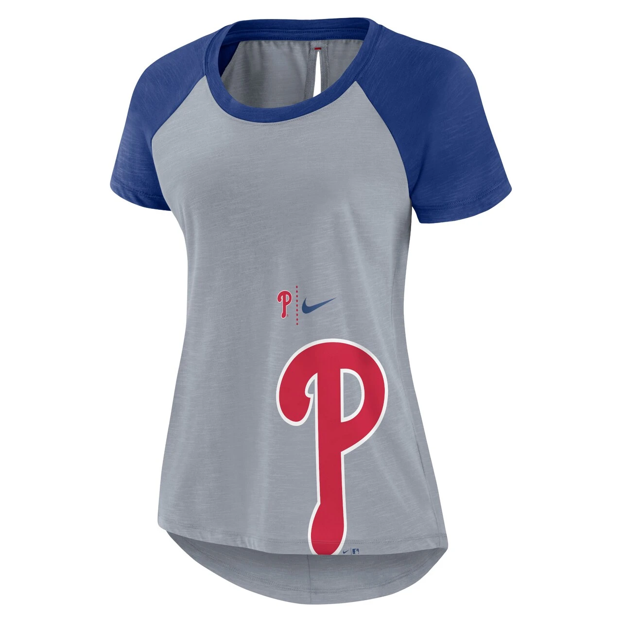 Women's Philadelphia Phillies Nike Heather Gray Summer Breeze Raglan Fashion T-Shirt 4 Women's Philadelphia Phillies Nike Heather Gray Summer Breeze Raglan Fashion T-Shirt - Image 2