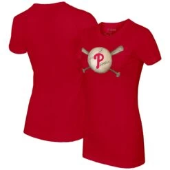 Women's Philadelphia Phillies Tiny Turnip Red Baseball Cross Bats T-Shirt