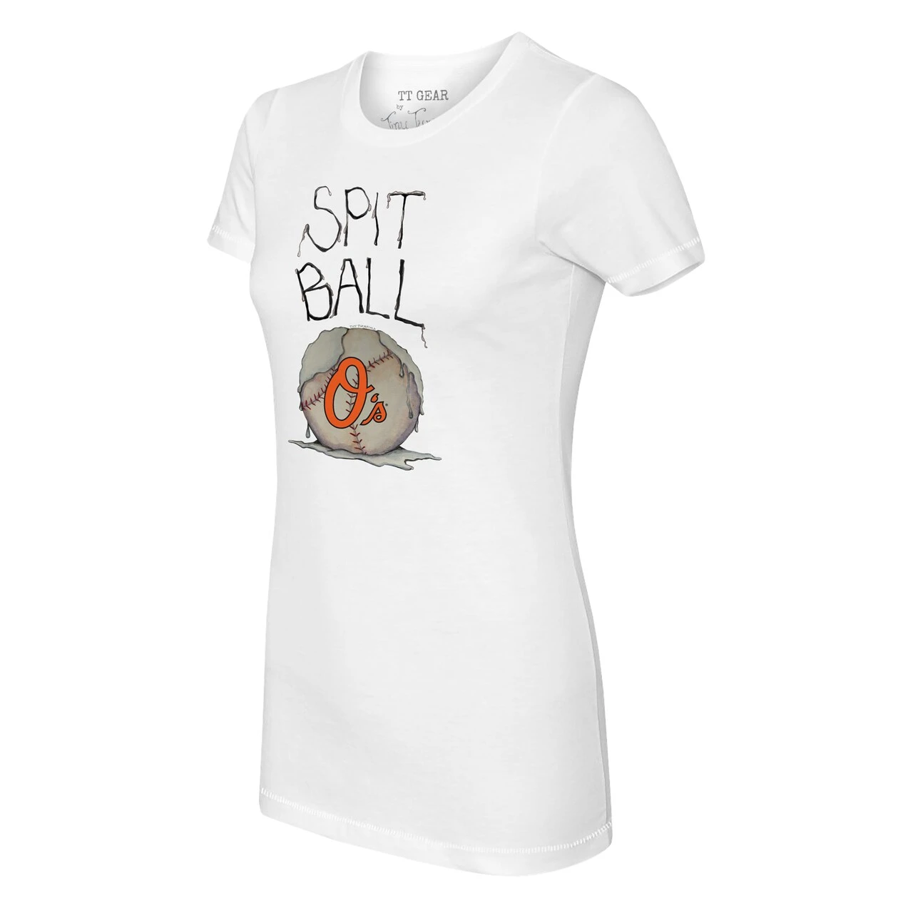 Women's Baltimore Orioles Tiny Turnip White Spit Ball T-Shirt 4 Women's Baltimore Orioles Tiny Turnip White Spit Ball T-Shirt - Image 2