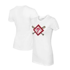 Women's Philadelphia Phillies Tiny Turnip White Diamond Cross Bats T-Shirt