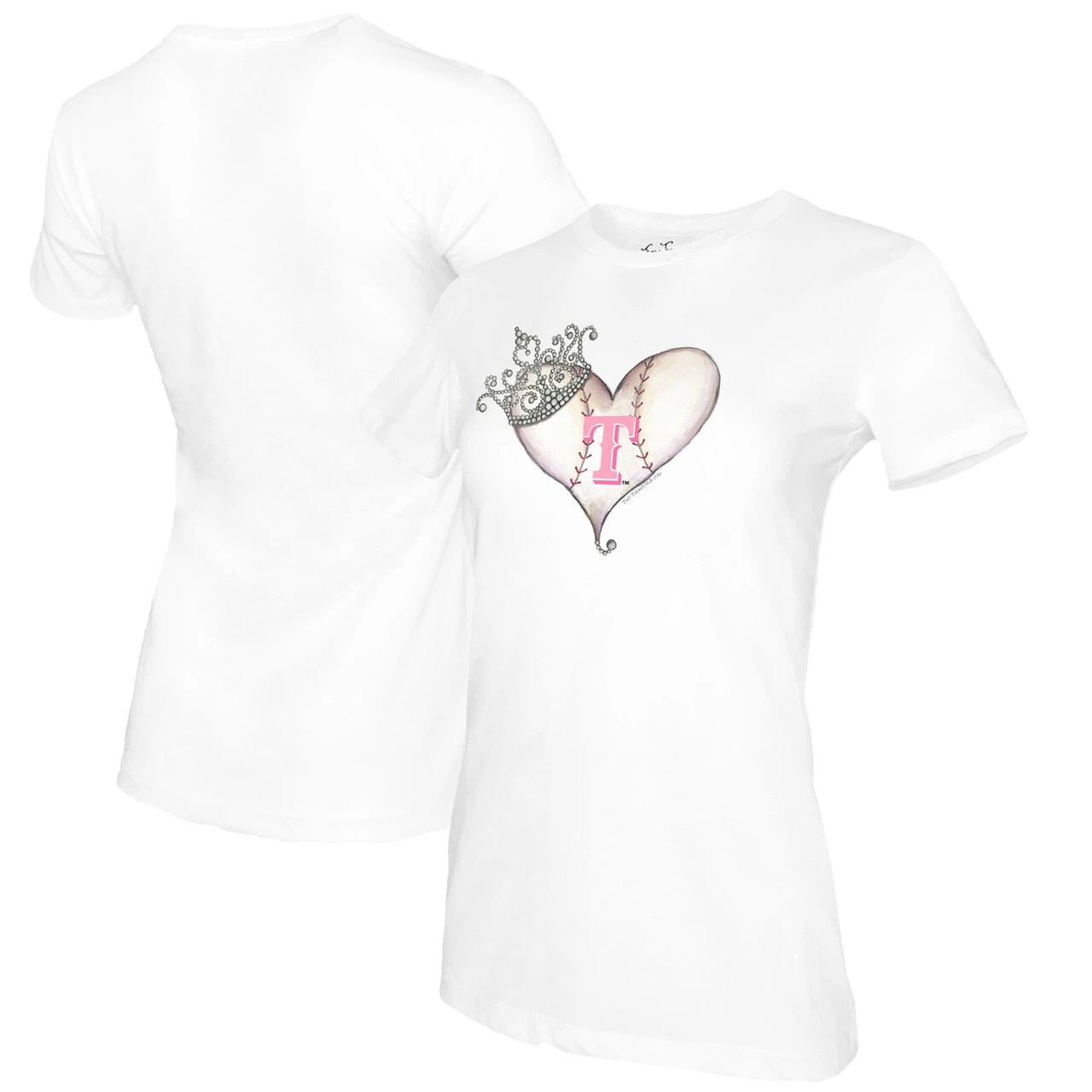 Women's Texas Rangers Tiny Turnip White Baseball Tiara Heart T-Shirt 3 Women's Texas Rangers Tiny Turnip White Baseball Tiara Heart T-Shirt