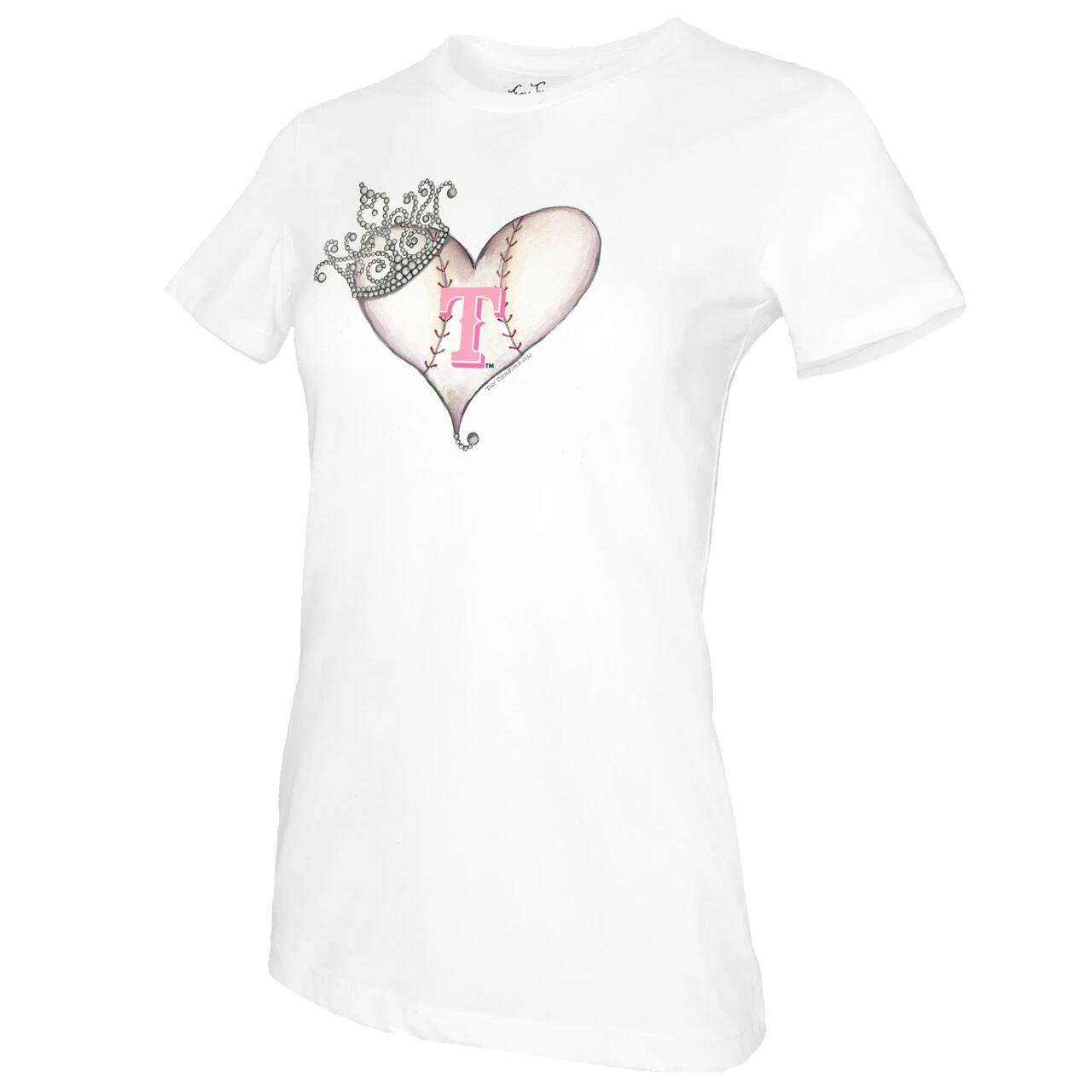 Women's Texas Rangers Tiny Turnip White Baseball Tiara Heart T-Shirt 4 Women's Texas Rangers Tiny Turnip White Baseball Tiara Heart T-Shirt - Image 2