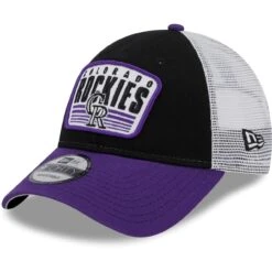 Youth Colorado Rockies New Era Black Patch Trucker 9FORTY Snapback Hat